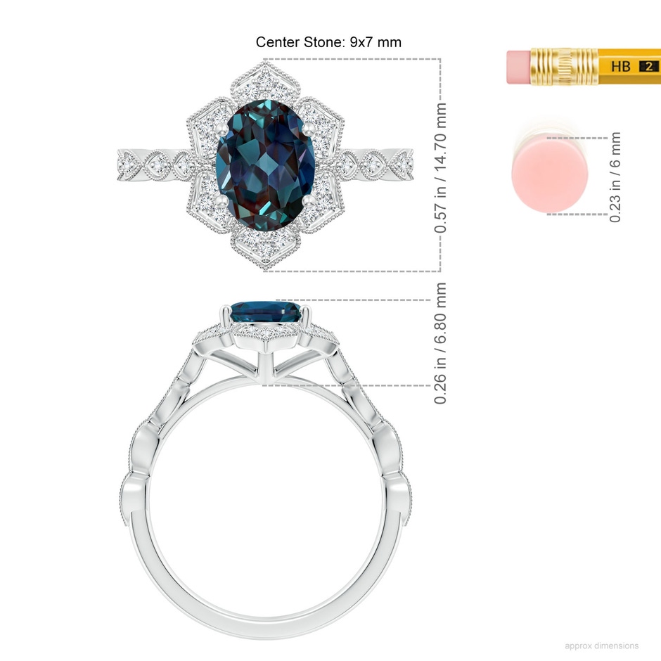9x7mm Labgrown Oval Lab-Grown Alexandrite Trillium Floral Shank Ring in 18K White Gold ruler