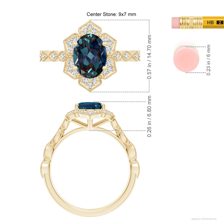 9x7mm Labgrown Oval Lab-Grown Alexandrite Trillium Floral Shank Ring in 18K Yellow Gold ruler