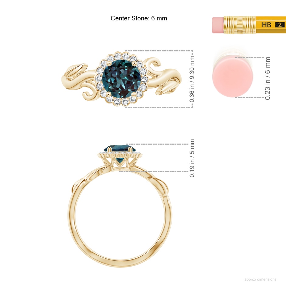 6mm Labgrown Vintage Inspired Lab-Grown Alexandrite Flower and Vine Ring in 18K Yellow Gold ruler
