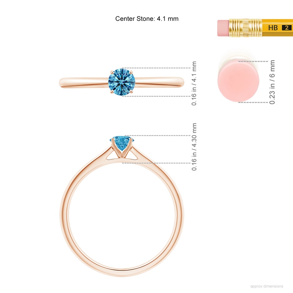 4.1mm Labgrown Round Lab-Grown Fancy Intense Blue Diamond Tapered Cathedral Solitaire Engagement Ring in Rose Gold ruler