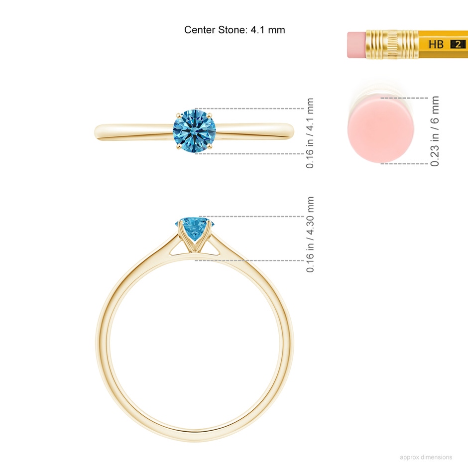 4.1mm Labgrown Round Lab-Grown Fancy Intense Blue Diamond Tapered Cathedral Solitaire Engagement Ring in Yellow Gold ruler