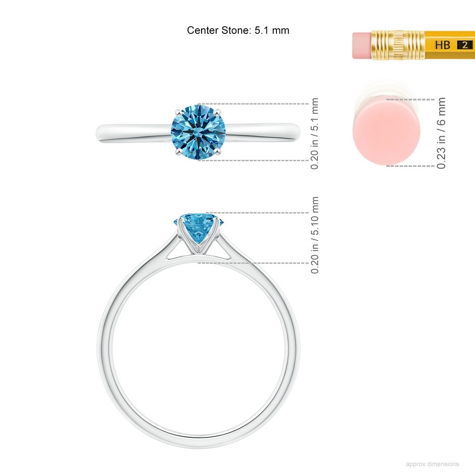 5.1mm Labgrown Round Lab-Grown Fancy Intense Blue Diamond Tapered Cathedral Solitaire Engagement Ring in White Gold ruler