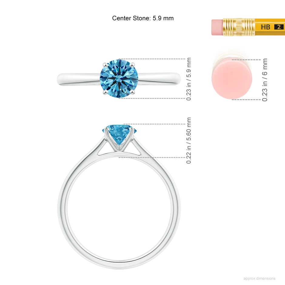 5.9mm Labgrown Round Lab-Grown Fancy Intense Blue Diamond Tapered Cathedral Solitaire Engagement Ring in 18K White Gold ruler