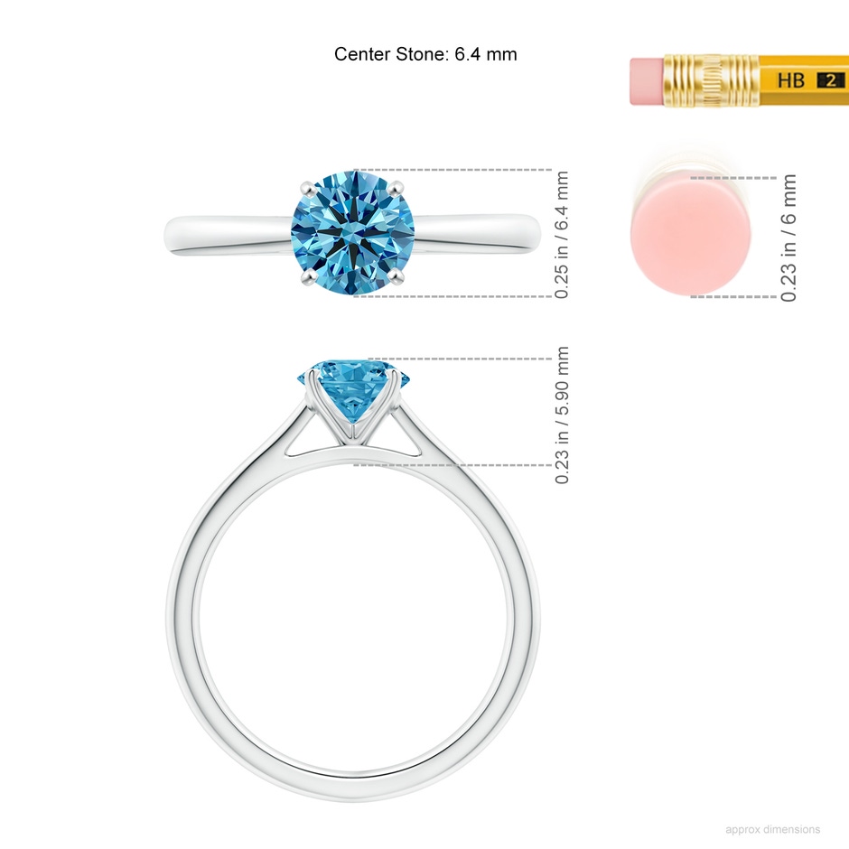 6.4mm Labgrown Round Lab-Grown Fancy Intense Blue Diamond Tapered Cathedral Solitaire Engagement Ring in P950 Platinum ruler