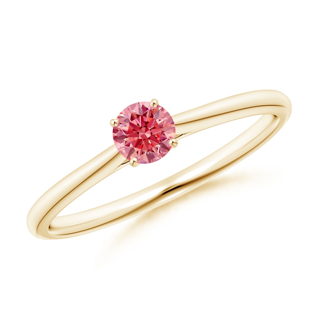 4.1mm Labgrown Round Lab-Grown Fancy Intense Pink Diamond Tapered Cathedral Solitaire Engagement Ring in Yellow Gold