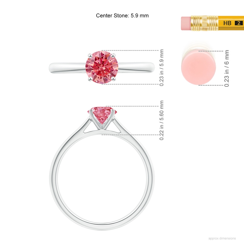 5.9mm Labgrown Round Lab-Grown Fancy Intense Pink Diamond Tapered Cathedral Solitaire Engagement Ring in White Gold ruler