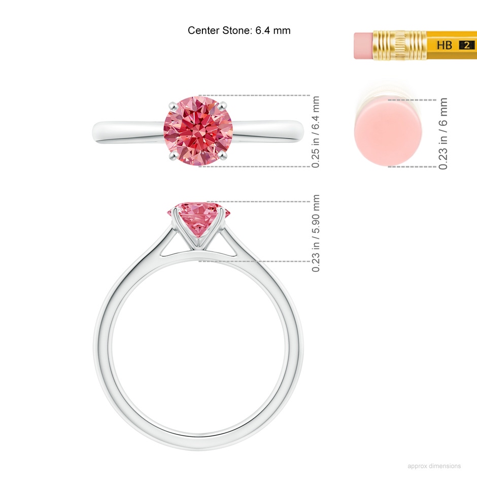 6.4mm Labgrown Round Lab-Grown Fancy Intense Pink Diamond Tapered Cathedral Solitaire Engagement Ring in White Gold ruler