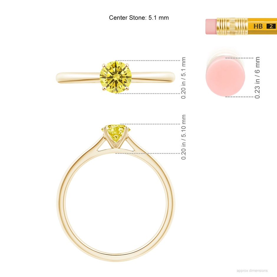 5.1mm Labgrown Round Lab-Grown Fancy Intense Yellow Diamond Tapered Cathedral Solitaire Engagement Ring in Yellow Gold ruler