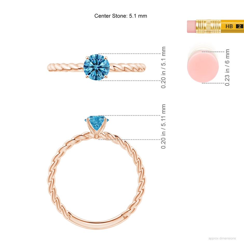 5.1mm Labgrown Twisted Shank Round Lab-Grown Fancy Intense Blue Diamond Solitaire Engagement Ring in Rose Gold ruler