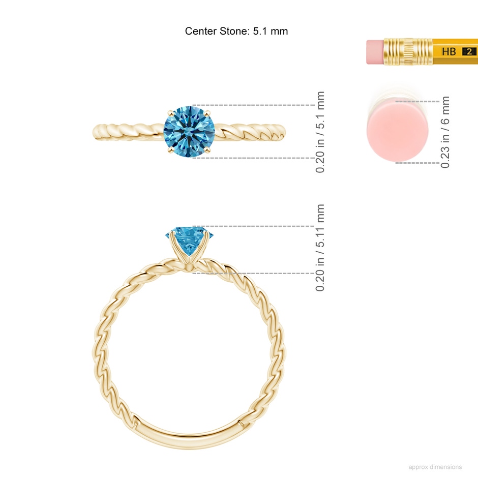 5.1mm Labgrown Twisted Shank Round Lab-Grown Fancy Intense Blue Diamond Solitaire Engagement Ring in Yellow Gold ruler