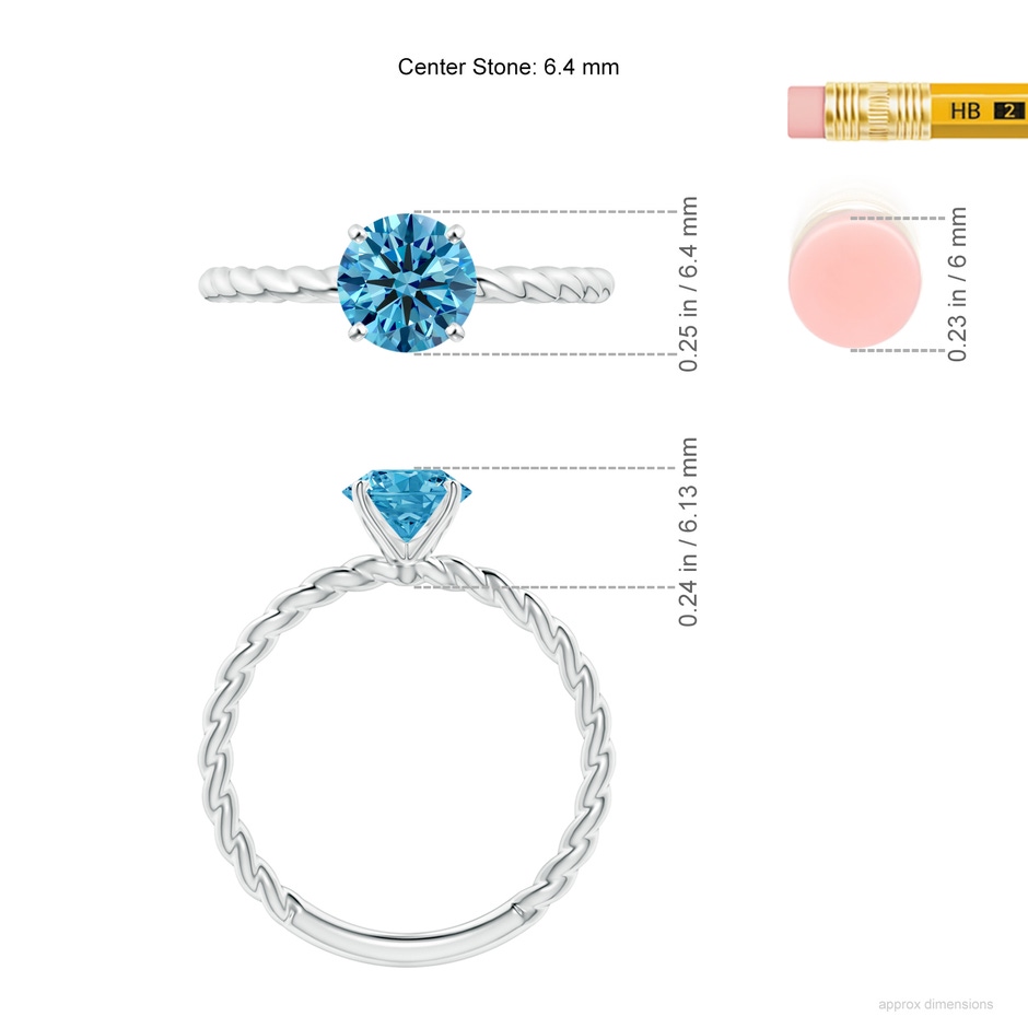 6.4mm Labgrown Twisted Shank Round Lab-Grown Fancy Intense Blue Diamond Solitaire Engagement Ring in White Gold ruler