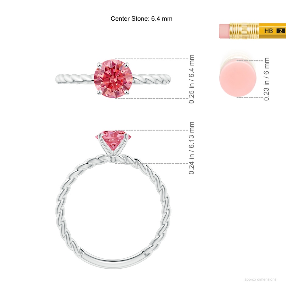 6.4mm Labgrown Twisted Shank Round Lab-Grown Fancy Intense Pink Diamond Solitaire Engagement Ring in 18K White Gold ruler