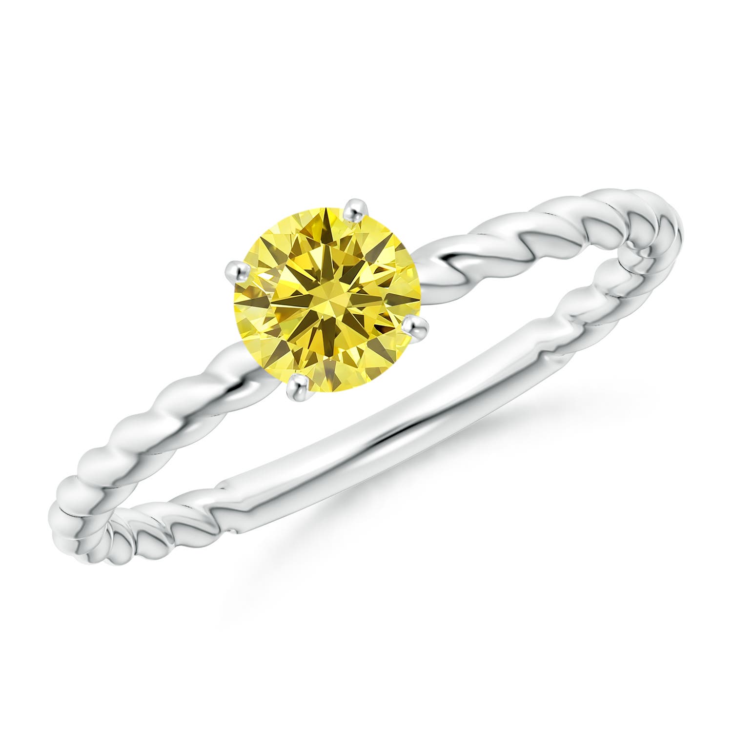 5.1mm Labgrown Twisted Shank Round Lab-Grown Fancy Intense Yellow Diamond Solitaire Engagement Ring in White Gold