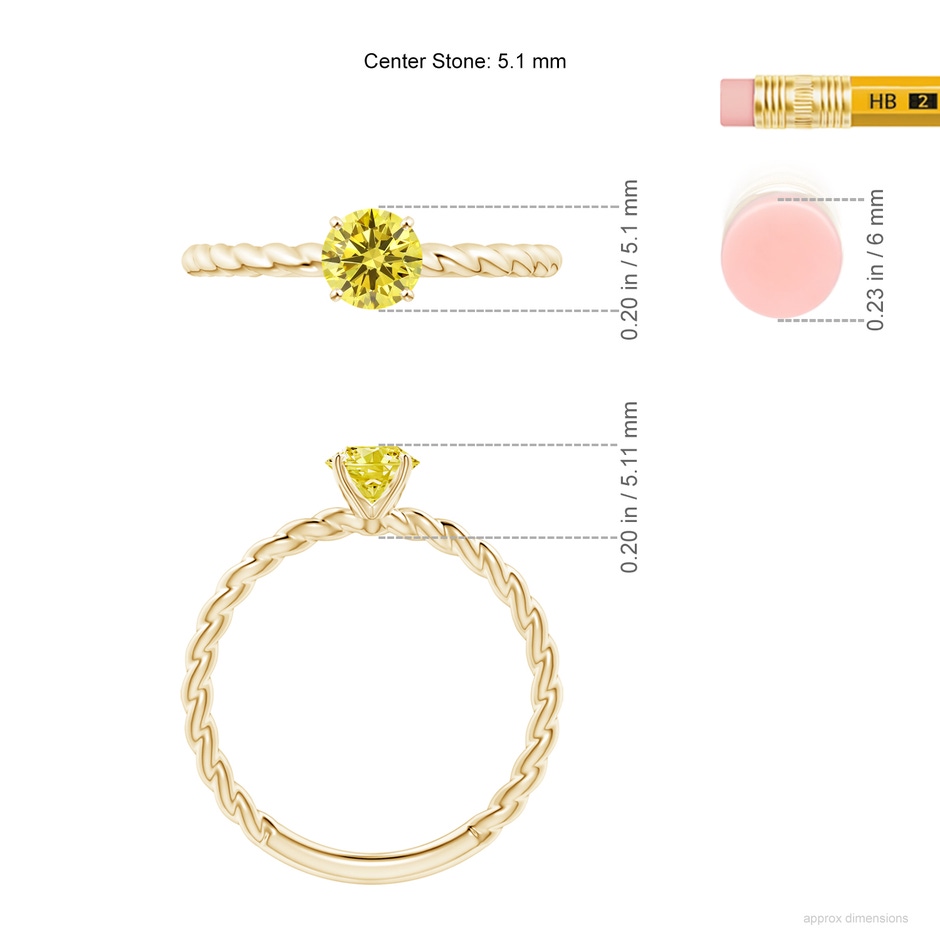 5.1mm Labgrown Twisted Shank Round Lab-Grown Fancy Intense Yellow Diamond Solitaire Engagement Ring in Yellow Gold ruler