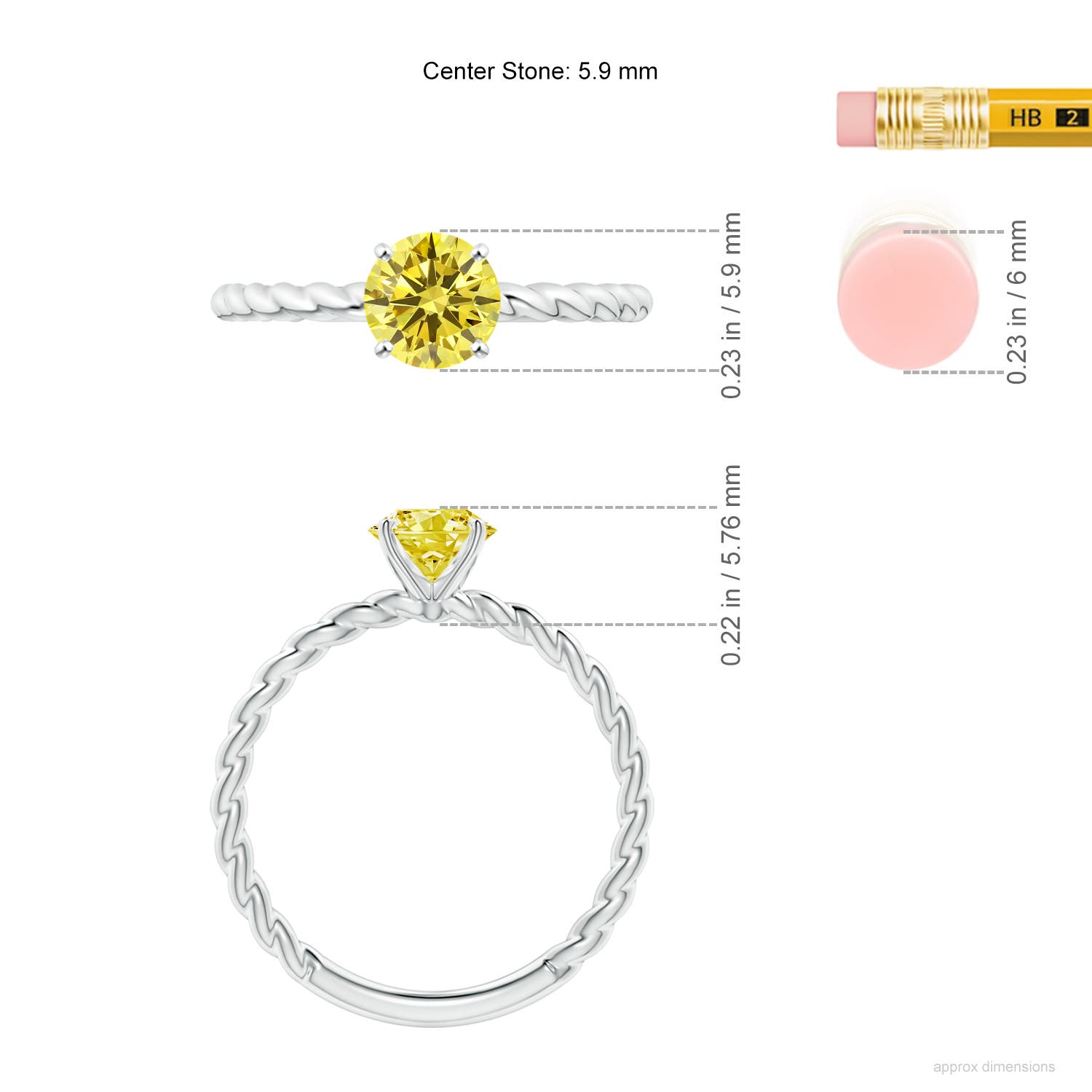 5.9mm Labgrown Twisted Shank Round Lab-Grown Fancy Intense Yellow Diamond Solitaire Engagement Ring in White Gold - ruler