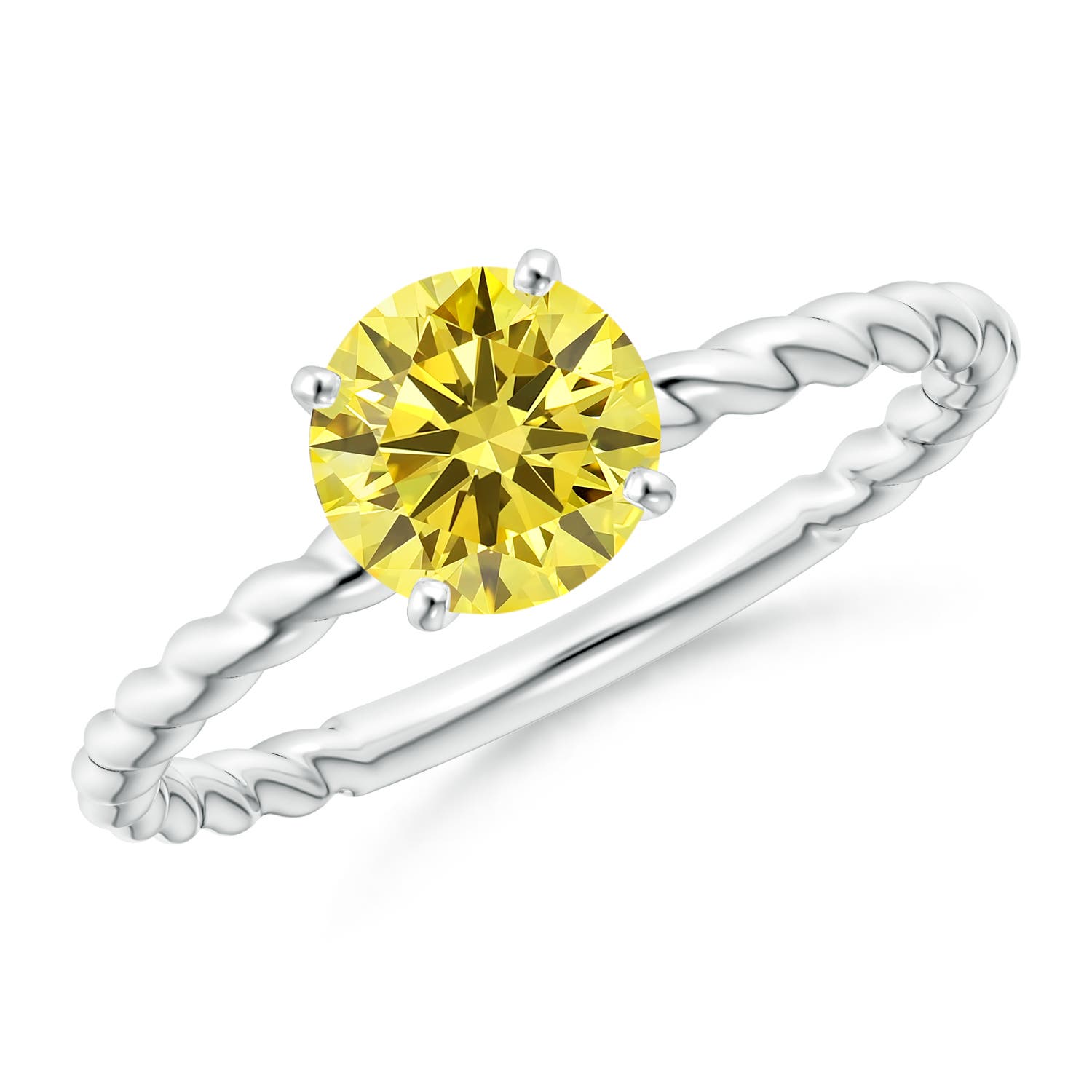 6.4mm Labgrown Twisted Shank Round Lab-Grown Fancy Intense Yellow Diamond Solitaire Engagement Ring in White Gold