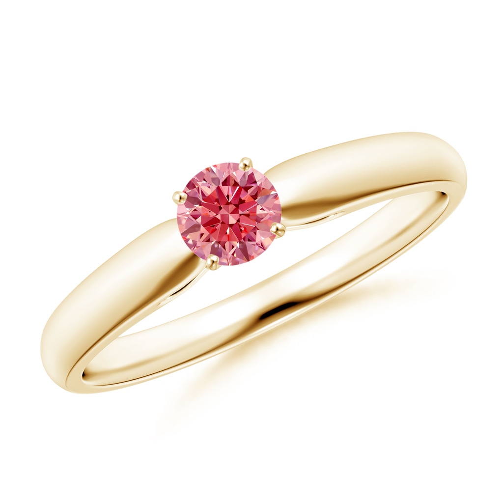 4.1mm Labgrown Classic Solitaire Lab-Grown Fancy Intense Pink Diamond Rounded Cathedral Engagement Ring in Yellow Gold