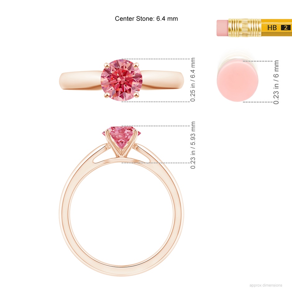 6.4mm Labgrown Classic Solitaire Lab-Grown Fancy Intense Pink Diamond Rounded Cathedral Engagement Ring in 18K Rose Gold ruler