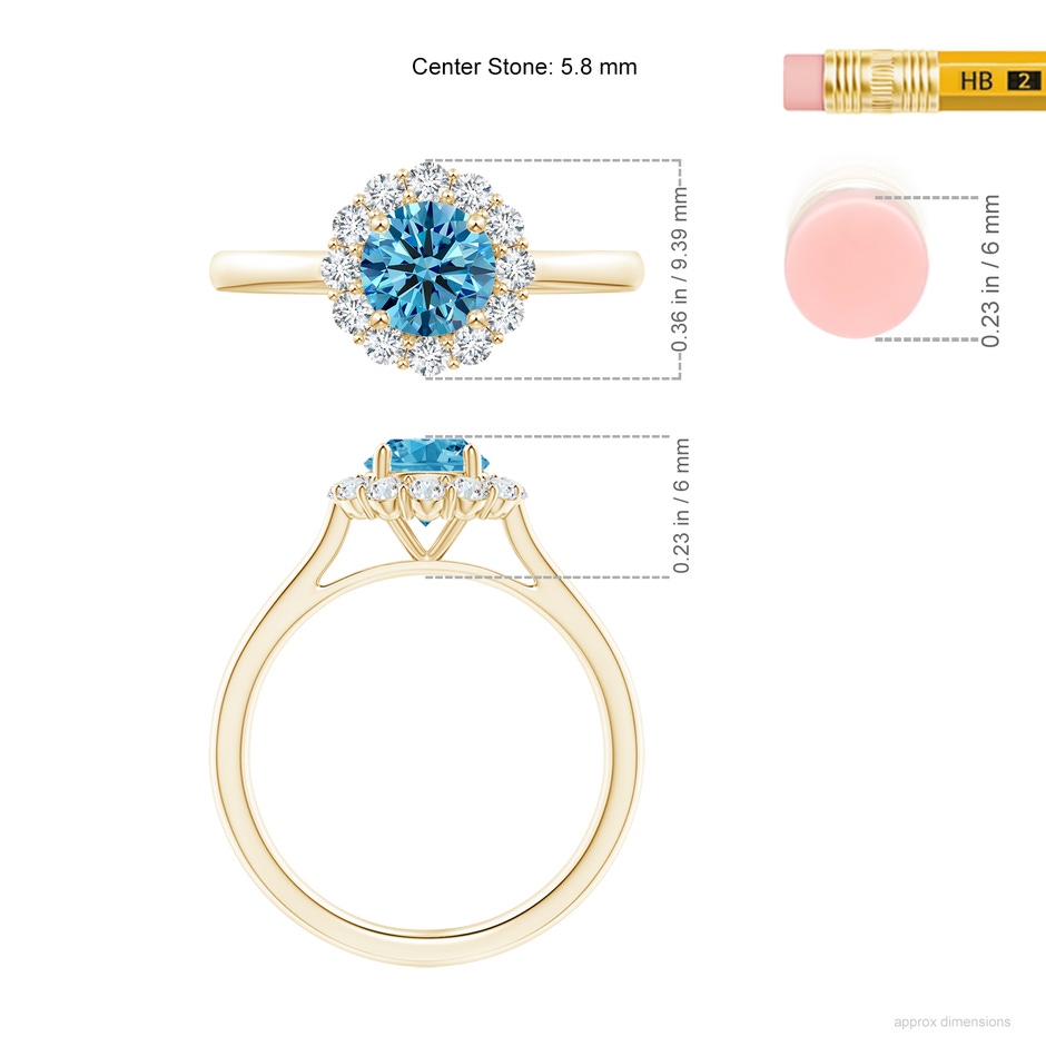 5.8mm Labgrown Classic Round Lab-Grown Fancy Intense Blue Diamond Scalloped Halo Ring in Yellow Gold ruler