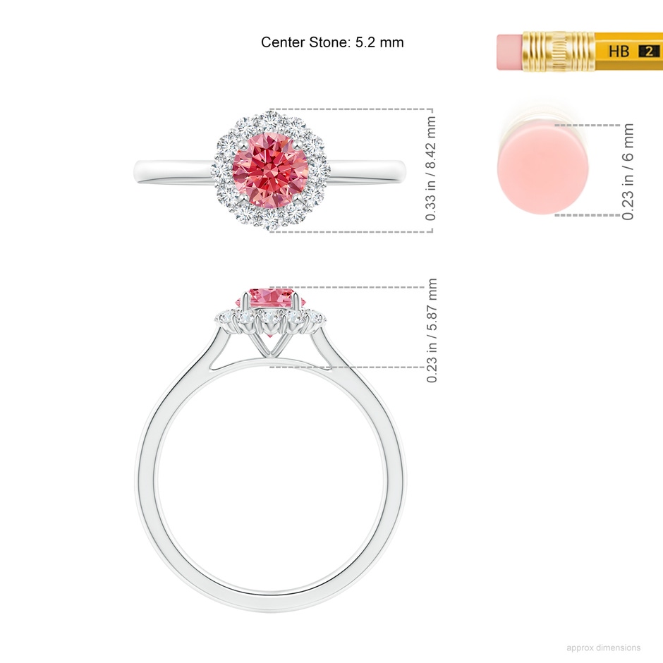 5.2mm Labgrown Classic Round Lab-Grown Fancy Intense Pink Diamond Scalloped Halo Ring in White Gold ruler