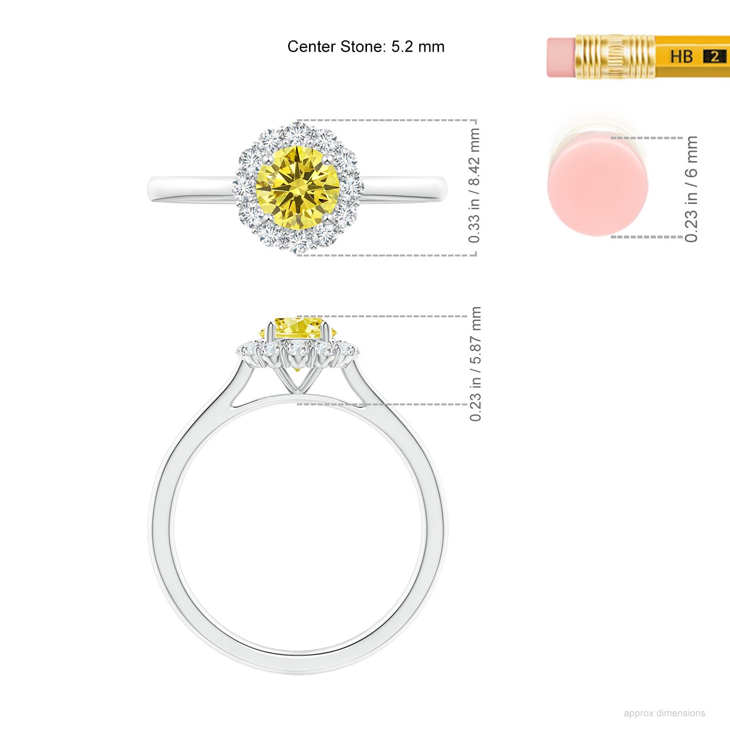 5.2mm Labgrown Classic Round Lab-Grown Fancy Intense Yellow Diamond Scalloped Halo Ring in White Gold - ruler