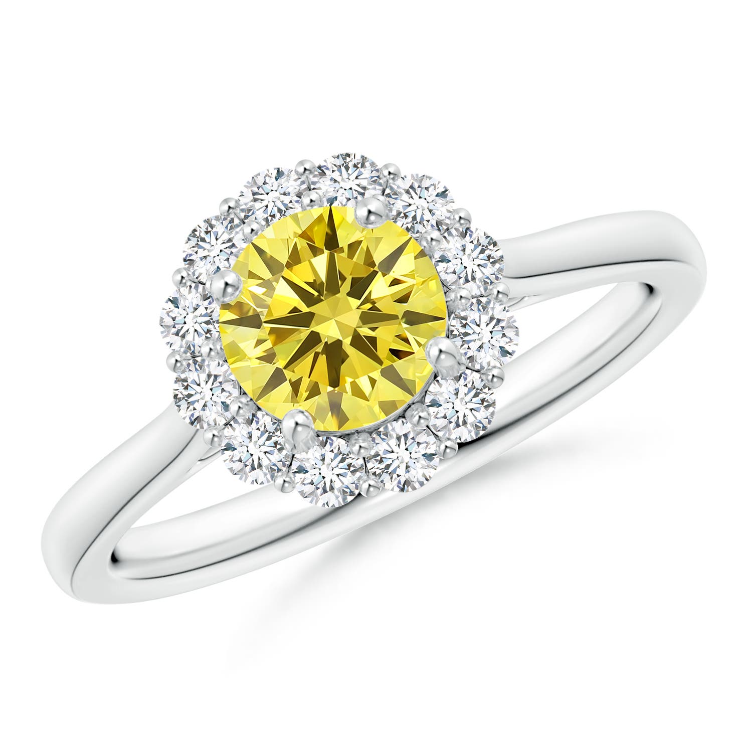 5.8mm Labgrown Classic Round Lab-Grown Fancy Intense Yellow Diamond Scalloped Halo Ring in 18CT White Gold