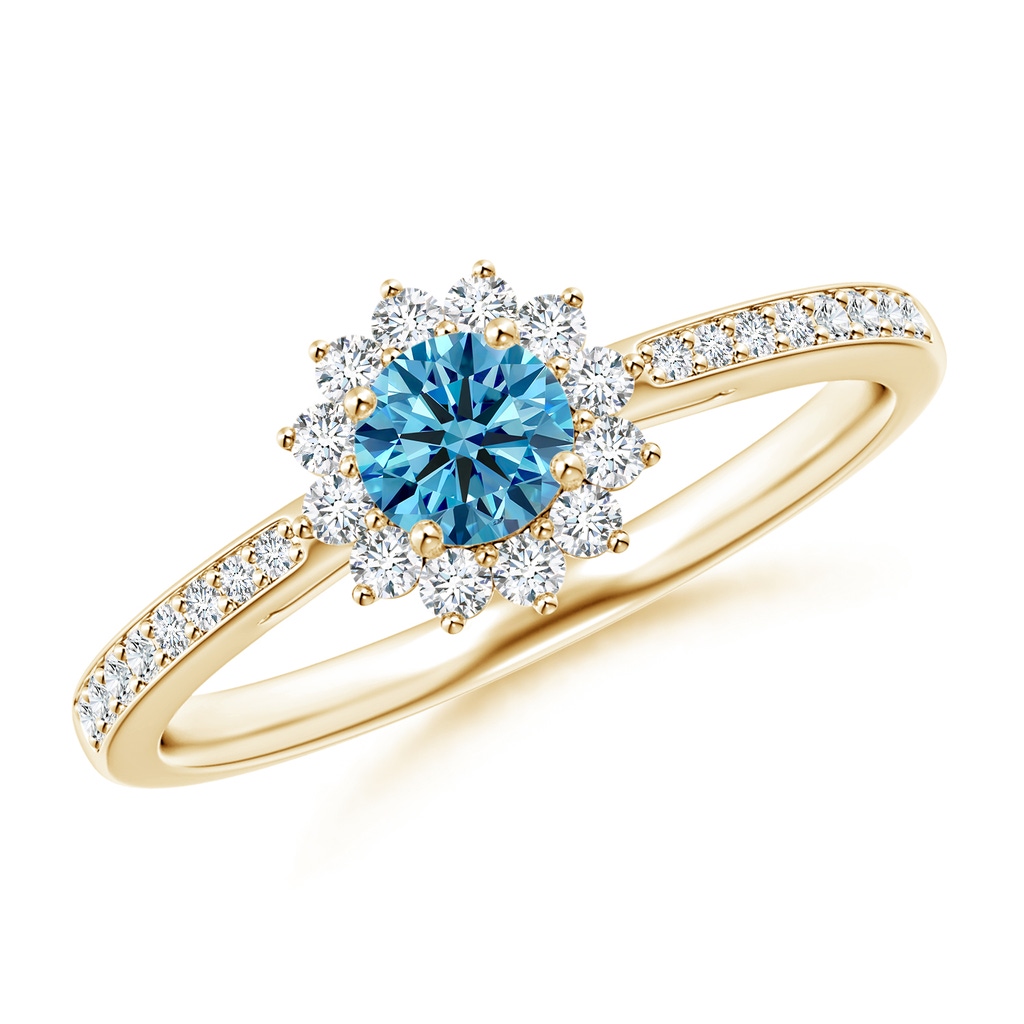 4.2mm Labgrown Classic Floral Halo Round Lab-Grown Fancy Intense Blue Diamond Ring with Accents in Yellow Gold