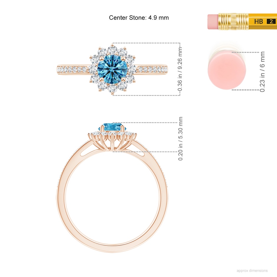 4.9mm Labgrown Classic Floral Halo Round Lab-Grown Fancy Intense Blue Diamond Ring with Accents in Rose Gold ruler