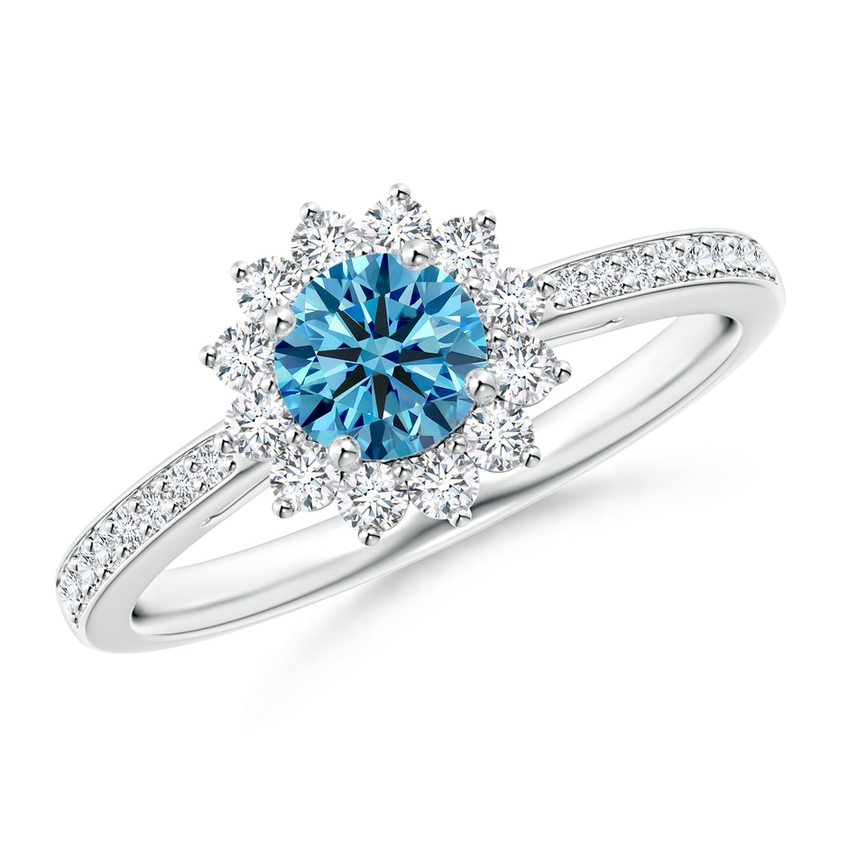 4.9mm Labgrown Classic Floral Halo Round Lab-Grown Fancy Intense Blue Diamond Ring with Accents in White Gold 