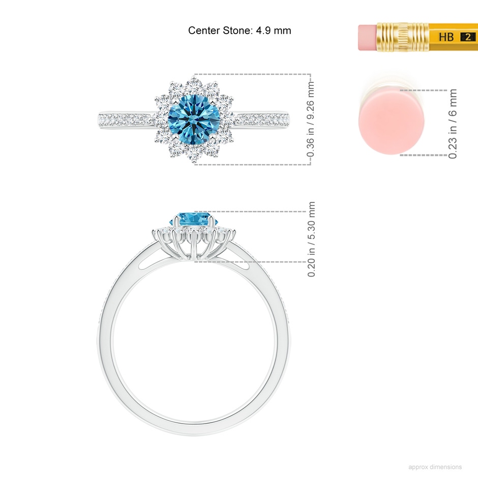 4.9mm Labgrown Classic Floral Halo Round Lab-Grown Fancy Intense Blue Diamond Ring with Accents in White Gold ruler