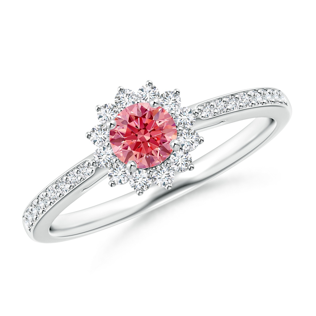 4.2mm Labgrown Classic Floral Halo Round Lab-Grown Fancy Intense Pink Diamond Ring with Accents in P950 Platinum