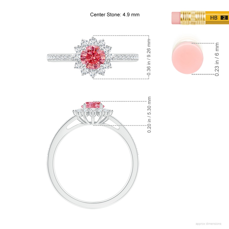 4.9mm Labgrown Classic Floral Halo Round Lab-Grown Fancy Intense Pink Diamond Ring with Accents in White Gold ruler