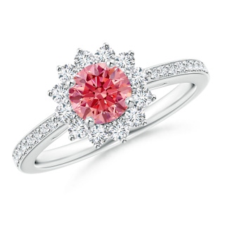 5.4mm Labgrown Classic Floral Halo Round Lab-Grown Fancy Intense Pink Diamond Ring with Accents in P950 Platinum