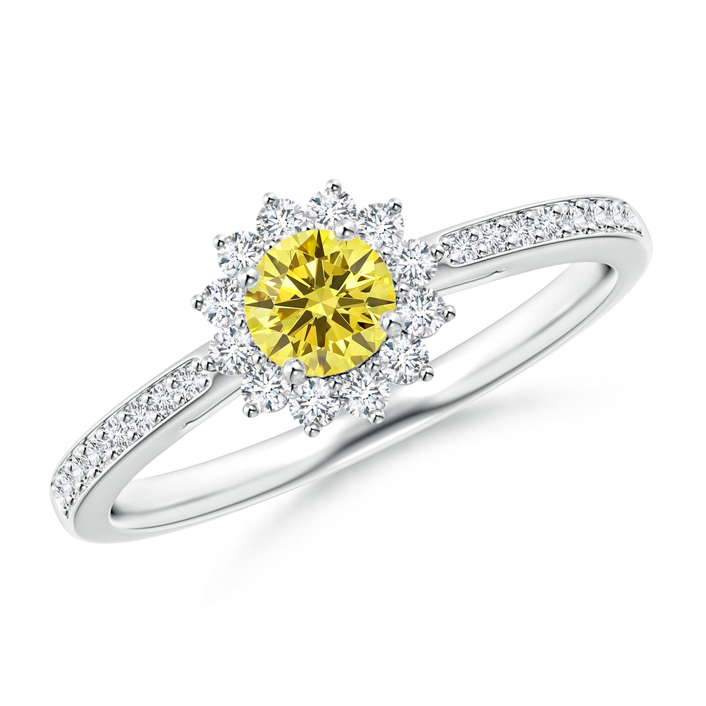 4.2mm Labgrown Classic Floral Halo Round Lab-Grown Fancy Intense Yellow Diamond Ring with Accents in P950 Platinum