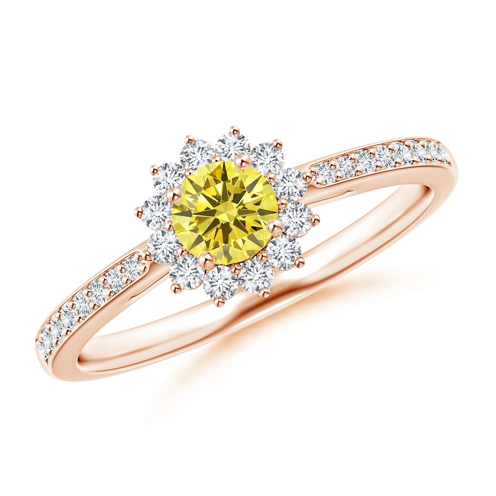 4.2mm Labgrown Classic Floral Halo Round Lab-Grown Fancy Intense Yellow Diamond Ring with Accents in Rose Gold