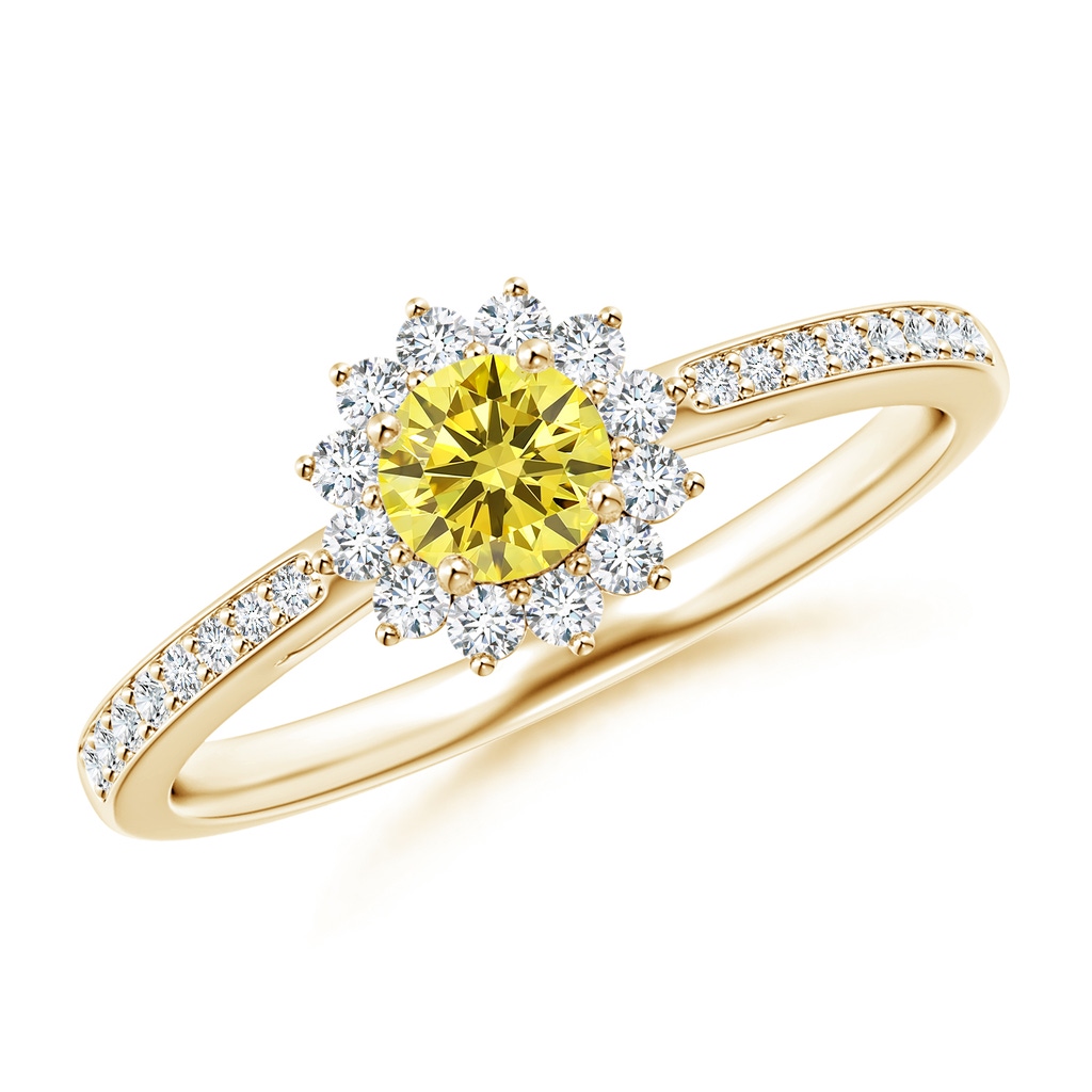 4.2mm Labgrown Classic Floral Halo Round Lab-Grown Fancy Intense Yellow Diamond Ring with Accents in Yellow Gold