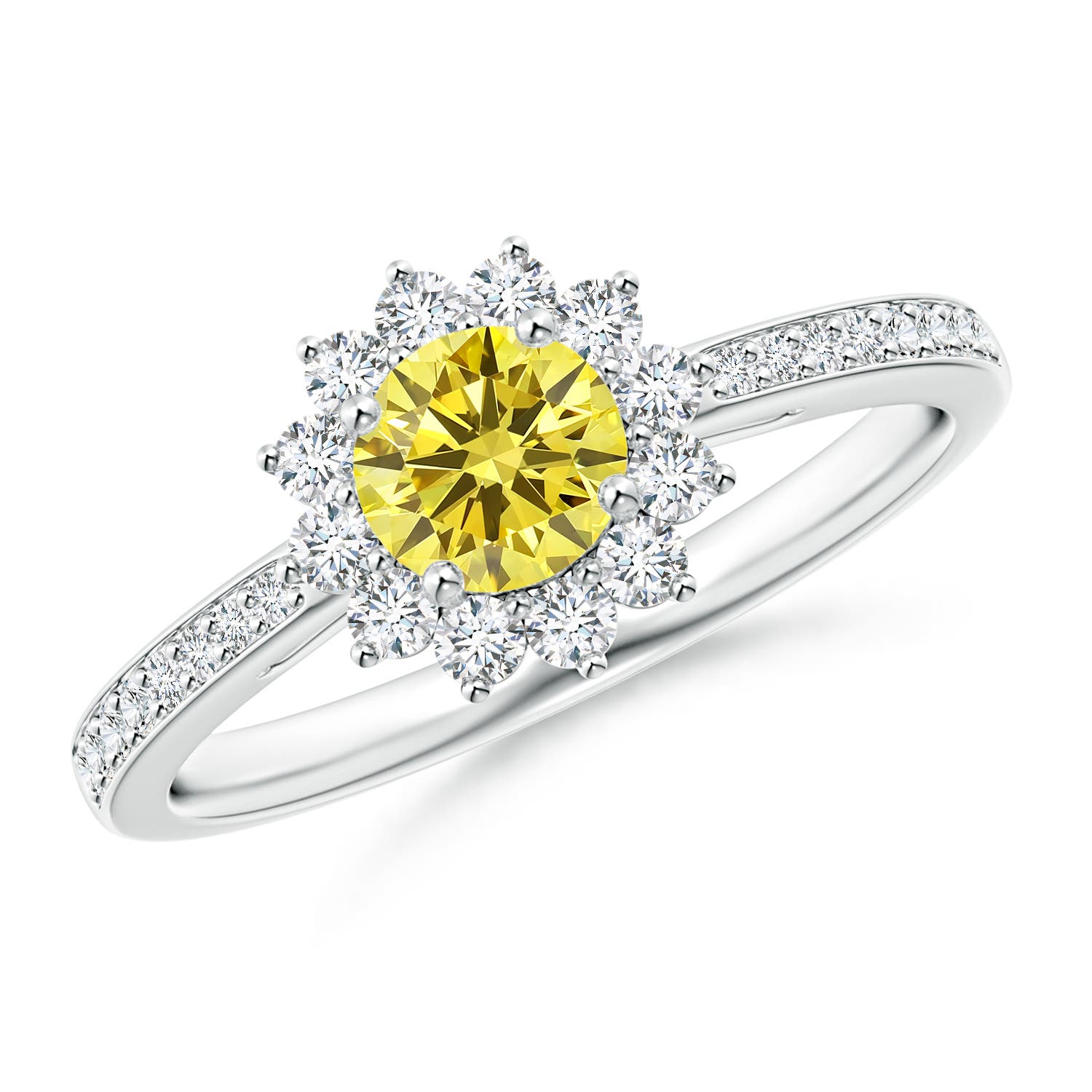 4.9mm Labgrown Classic Floral Halo Round Lab-Grown Fancy Intense Yellow Diamond Ring with Accents in P950 Platinum