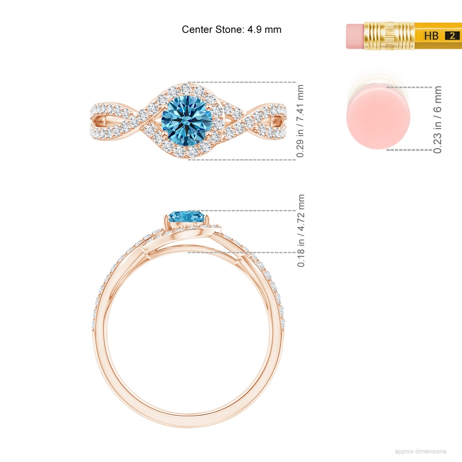 4.9mm Labgrown Criss Cross Infinity Halo Lab-Grown Fancy Intense Blue Diamond Ring in Rose Gold ruler