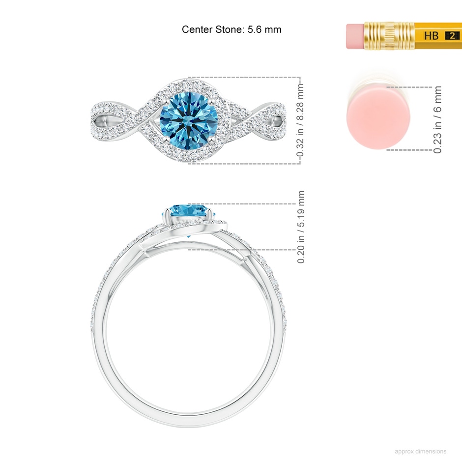 5.6mm Labgrown Criss Cross Infinity Halo Lab-Grown Fancy Intense Blue Diamond Ring in P950 Platinum ruler