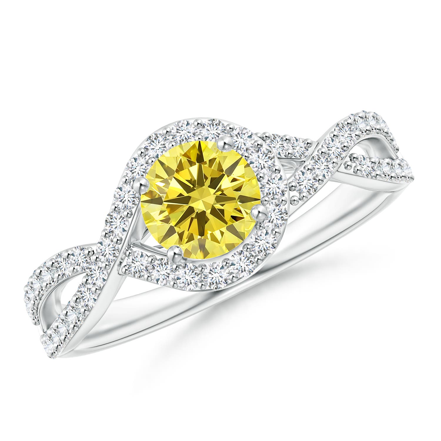 5.6mm Labgrown Criss Cross Infinity Halo Lab-Grown Fancy Intense Yellow Diamond Ring in White Gold