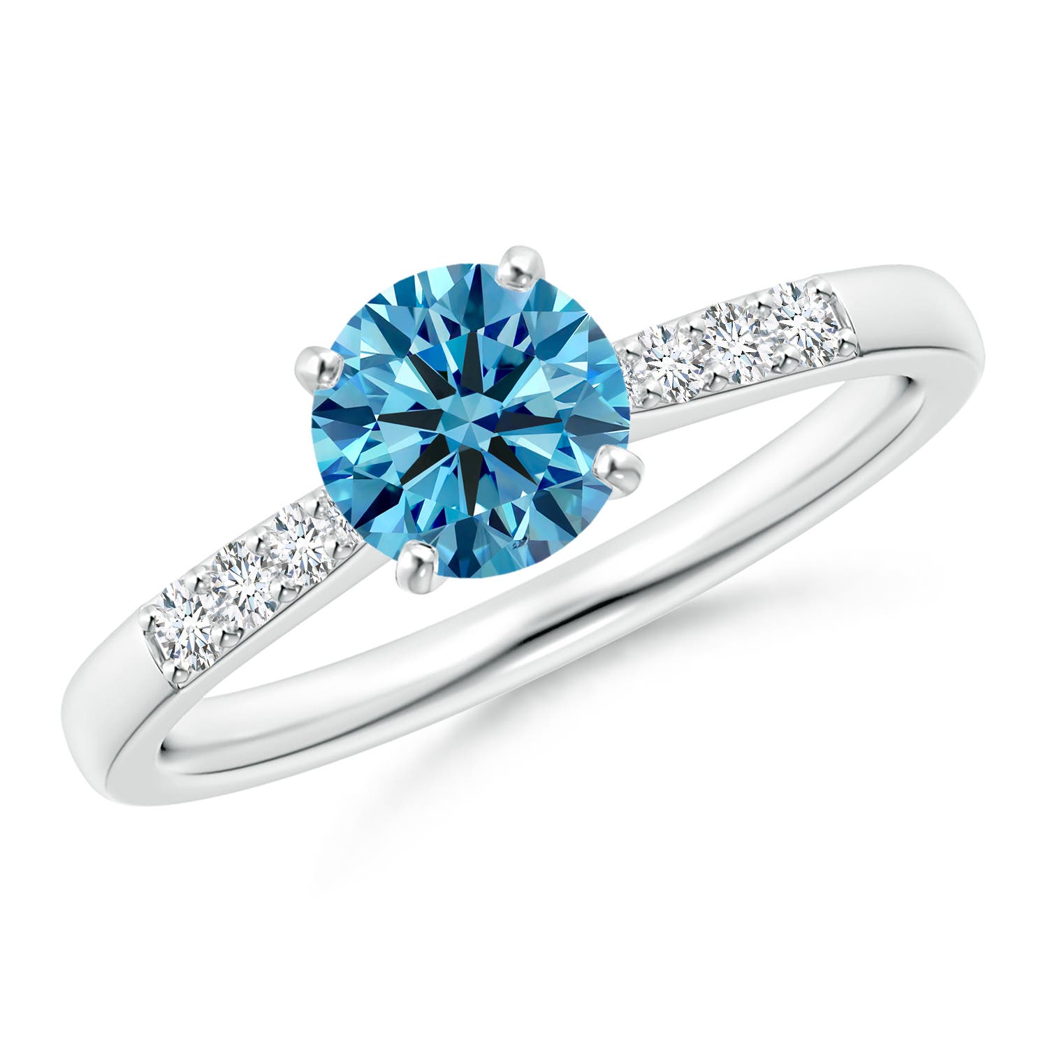 6.1mm Labgrown Solitaire Lab-Grown Fancy Intense Blue Diamond Tapered Shank Engagement Ring with Accents in 18K White Gold