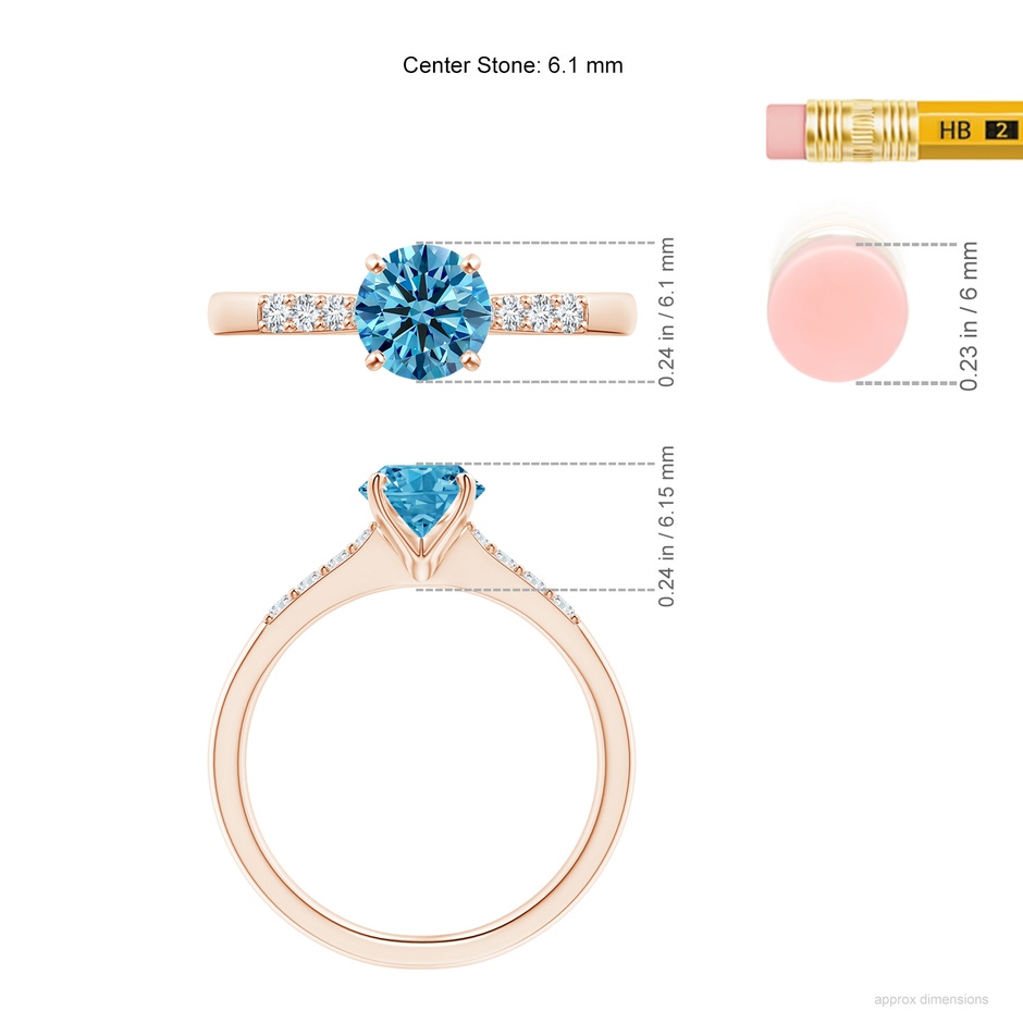 6.1mm Labgrown Solitaire Lab-Grown Fancy Intense Blue Diamond Tapered Shank Engagement Ring with Accents in Rose Gold ruler