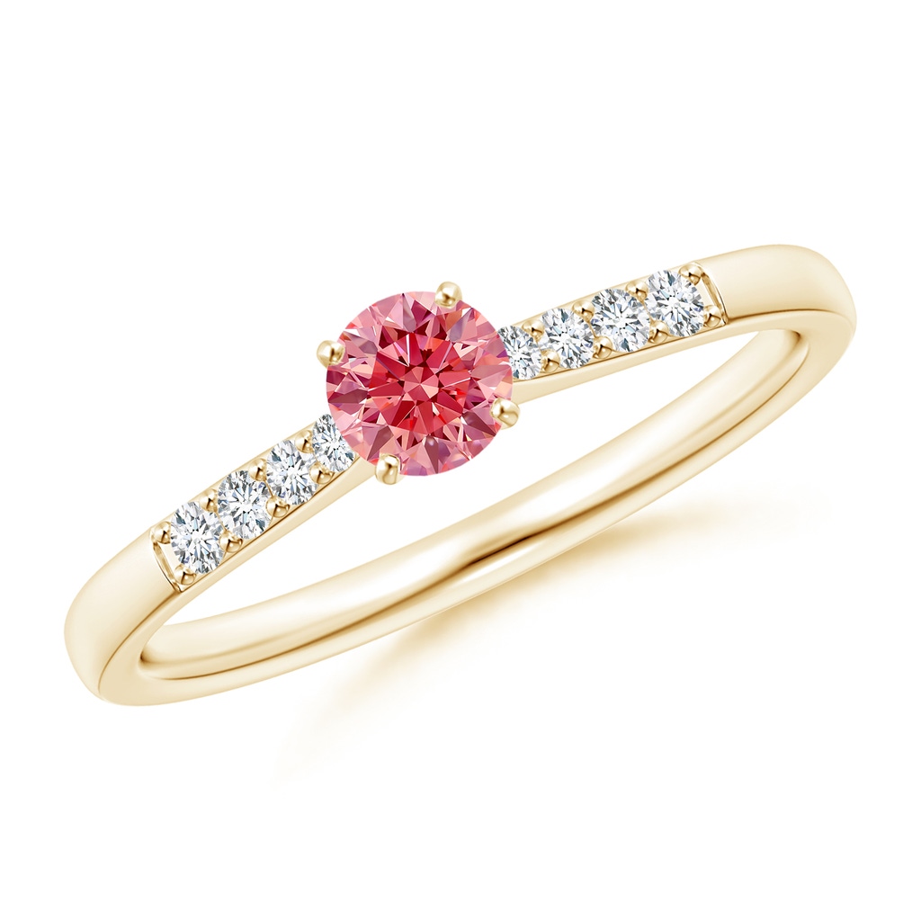 4.1mm Labgrown Solitaire Lab-Grown Fancy Intense Pink Diamond Tapered Shank Engagement Ring with Accents in Yellow Gold