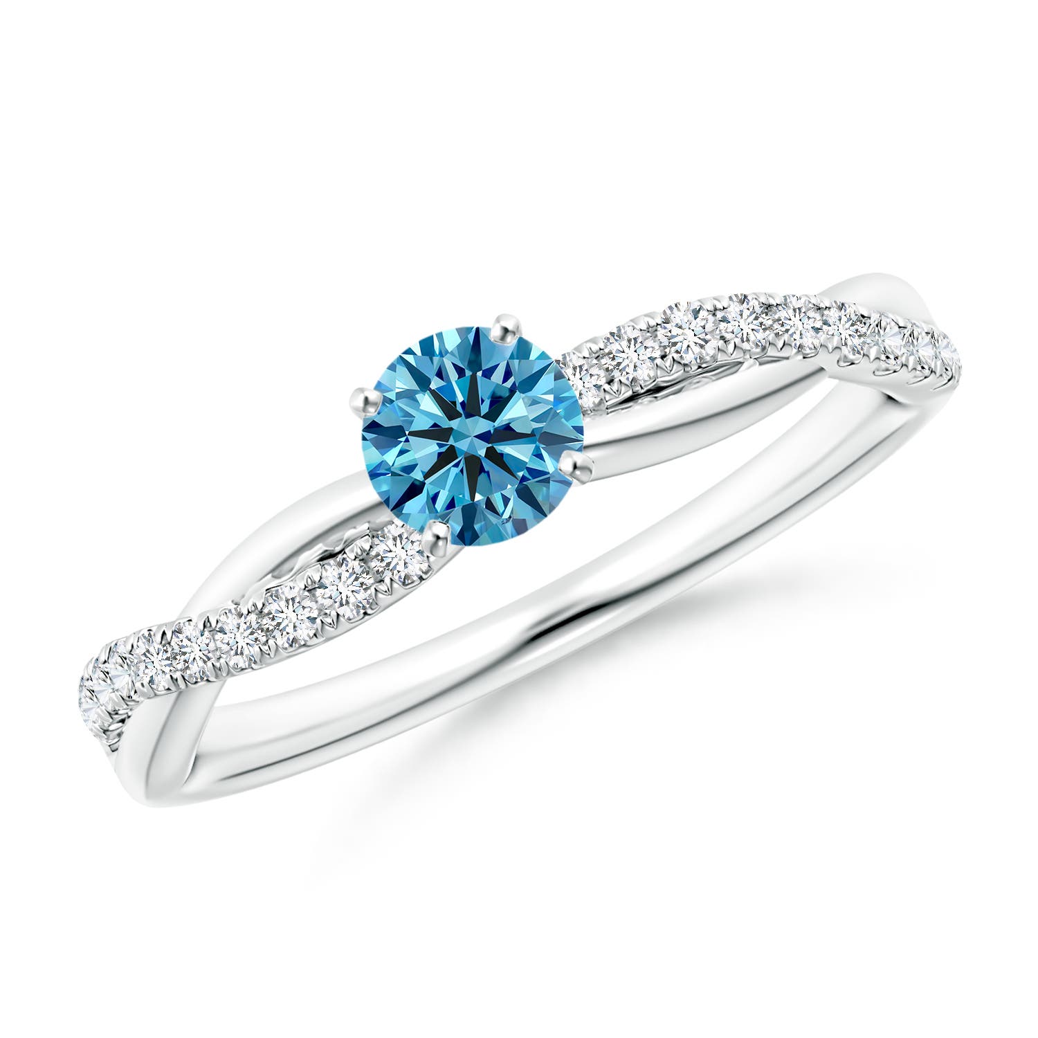 4.5mm Labgrown Solitaire Lab-Grown Fancy Intense Blue Diamond Twist Shank Engagement Ring with Accents in 18K White Gold