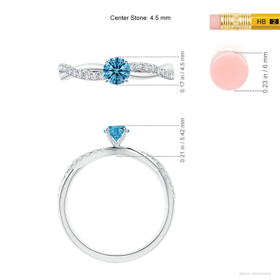4.5mm Labgrown Solitaire Lab-Grown Fancy Intense Blue Diamond Twist Shank Engagement Ring with Accents in White Gold ruler