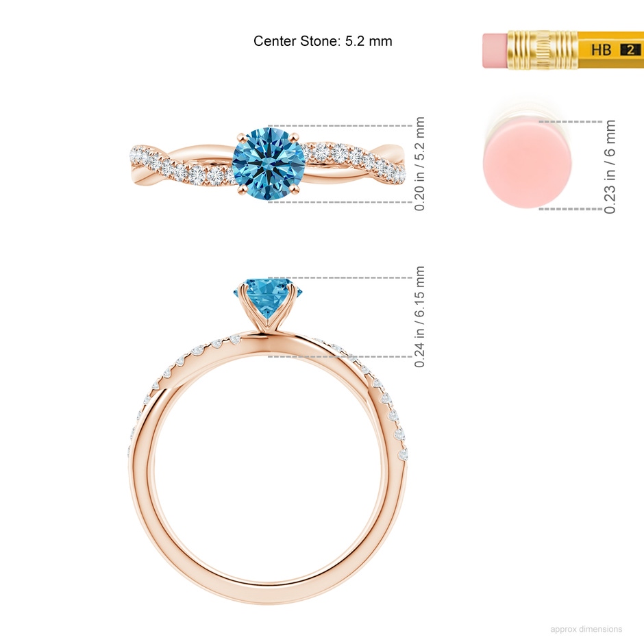5.2mm Labgrown Solitaire Lab-Grown Fancy Intense Blue Diamond Twist Shank Engagement Ring with Accents in Rose Gold ruler