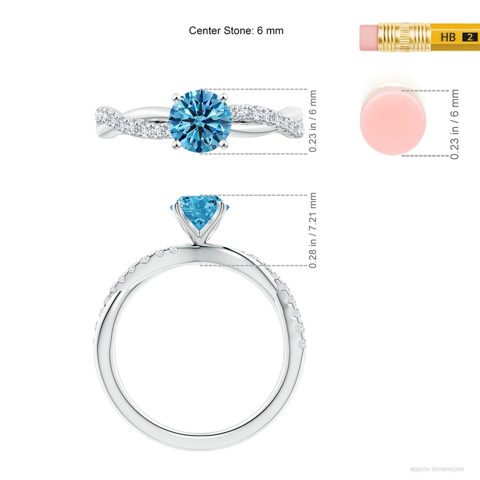 6mm Labgrown Solitaire Lab-Grown Fancy Intense Blue Diamond Twist Shank Engagement Ring with Accents in White Gold ruler