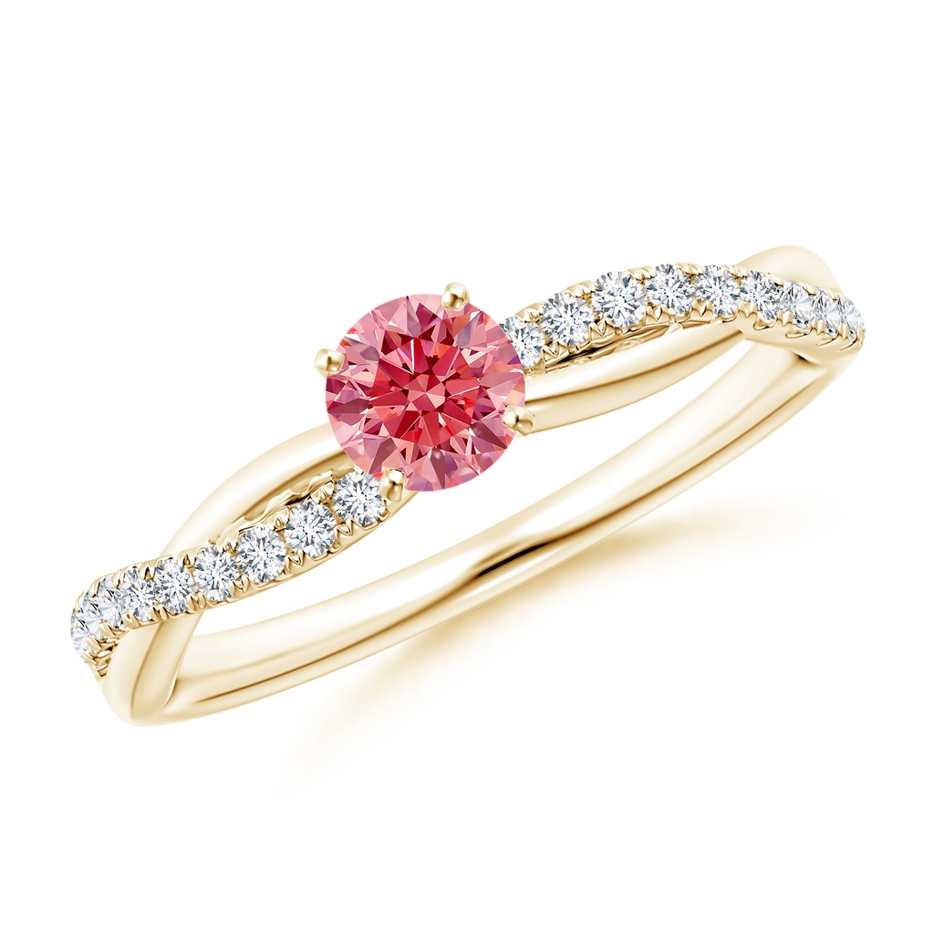 4.5mm Labgrown Solitaire Lab-Grown Fancy Intense Pink Diamond Twist Shank Engagement Ring with Accents in Yellow Gold