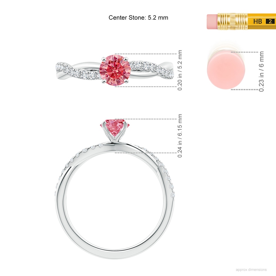 5.2mm Labgrown Solitaire Lab-Grown Fancy Intense Pink Diamond Twist Shank Engagement Ring with Accents in White Gold ruler