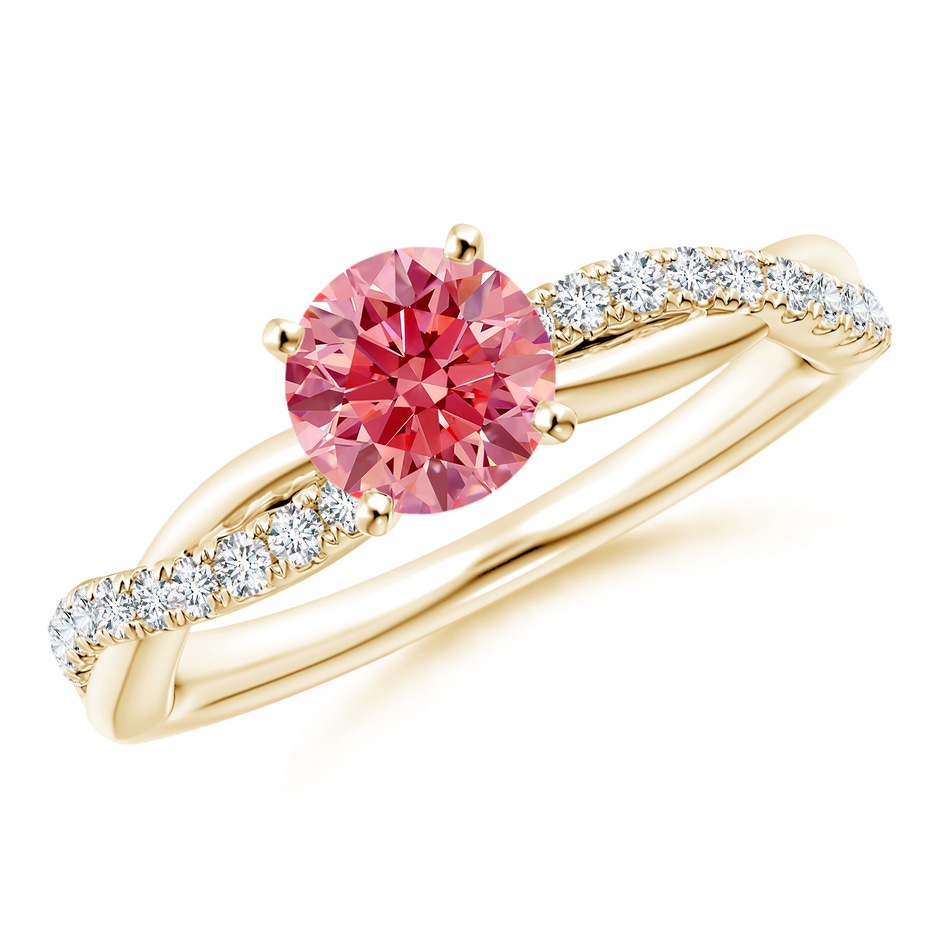 6mm Labgrown Solitaire Lab-Grown Fancy Intense Pink Diamond Twist Shank Engagement Ring with Accents in Yellow Gold 